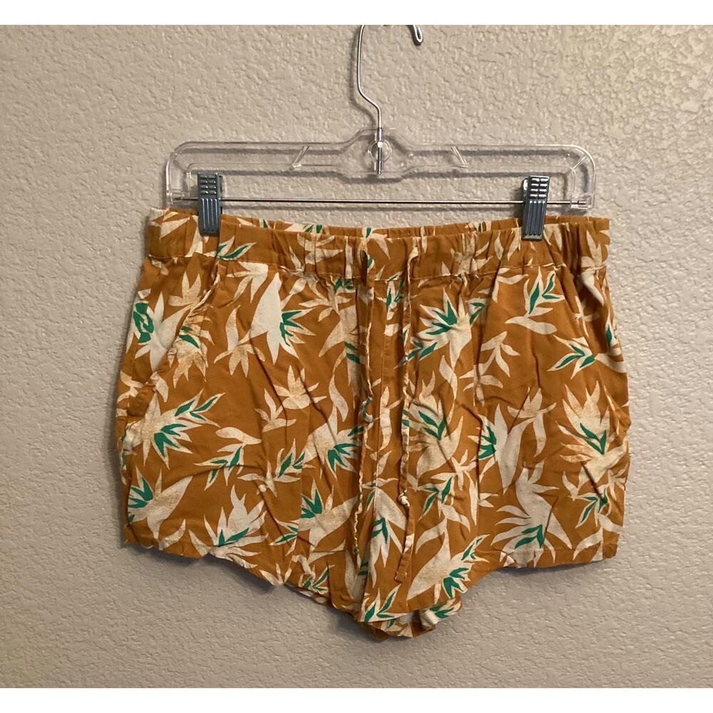 SO Vibrant Tropical Leaf Print Del Orange White Green Drawstring Shorts M